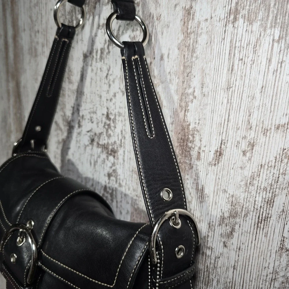 Vtg Y2k COACH #3653 Soho Flap Buckle Double Pocket W Black Leather Shoulder Bag - Picture 6 of 16